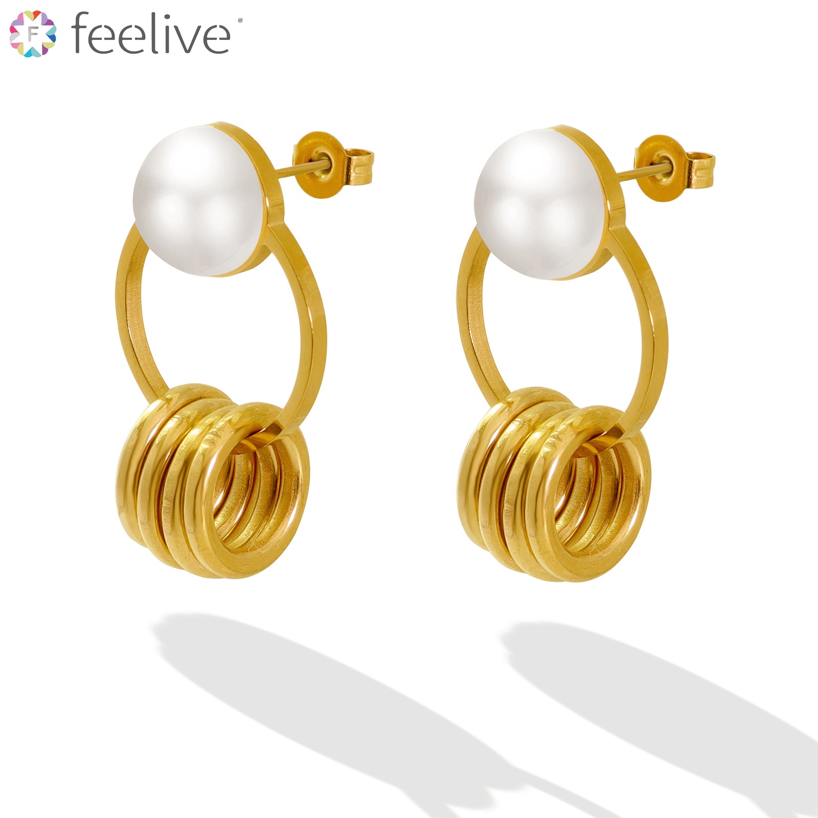 Multi-circle Pearl Drop Earrings in Titanium gold - Feelive