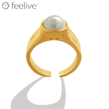 Gold Plated Titanium Open Ring With Imitation Pearl gold - Feelive