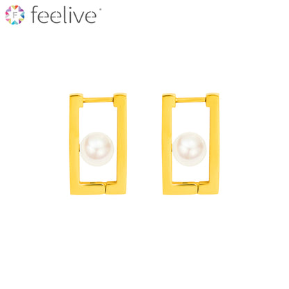 Retangle Pearl Huggie Earrings in Titanium gold - Feelive