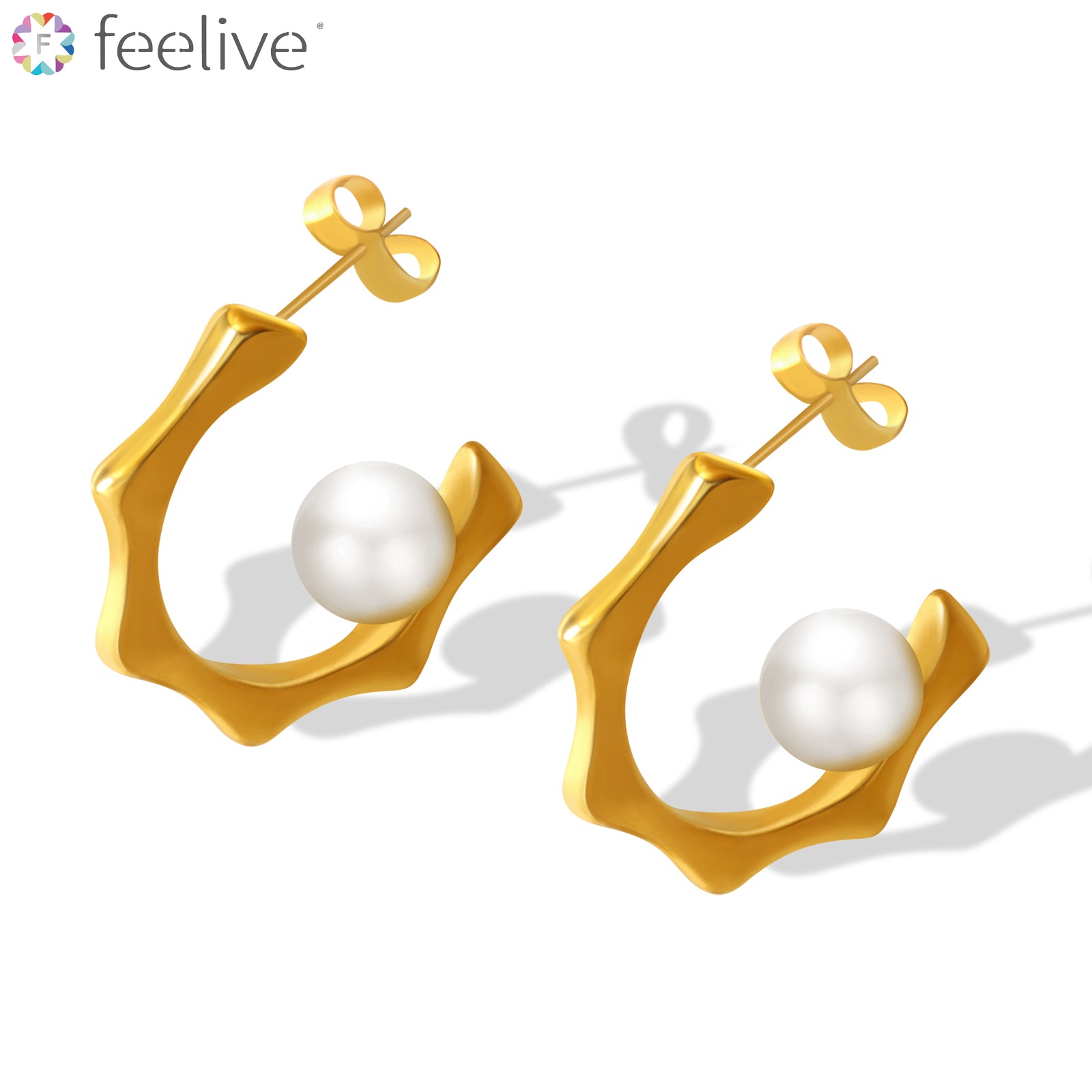 C Shaped Pearl Hoop Earrings in Titanium gold - Feelive