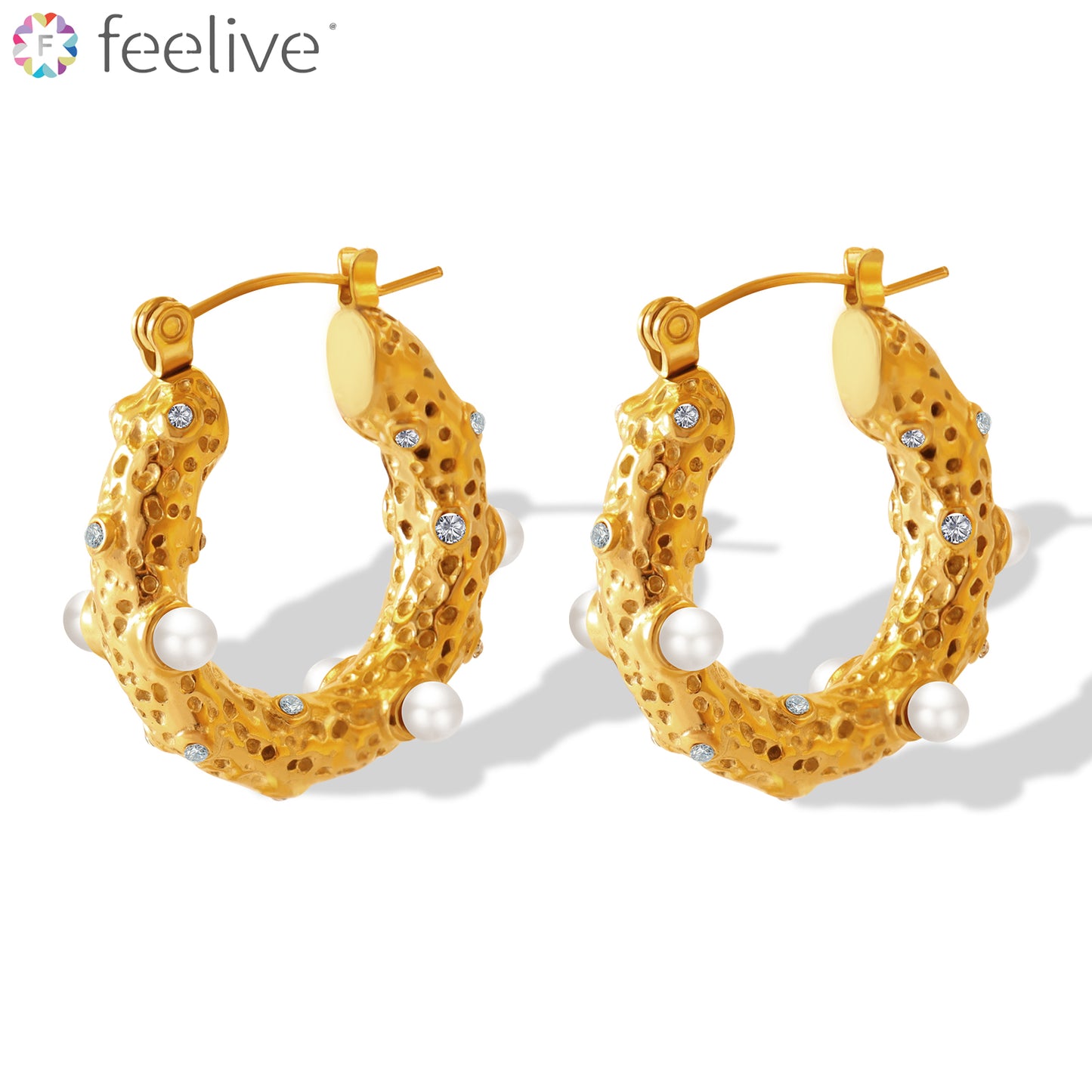 Circle Pearl and Zirconia Hoop Earrings in Titanium gold - Feelive