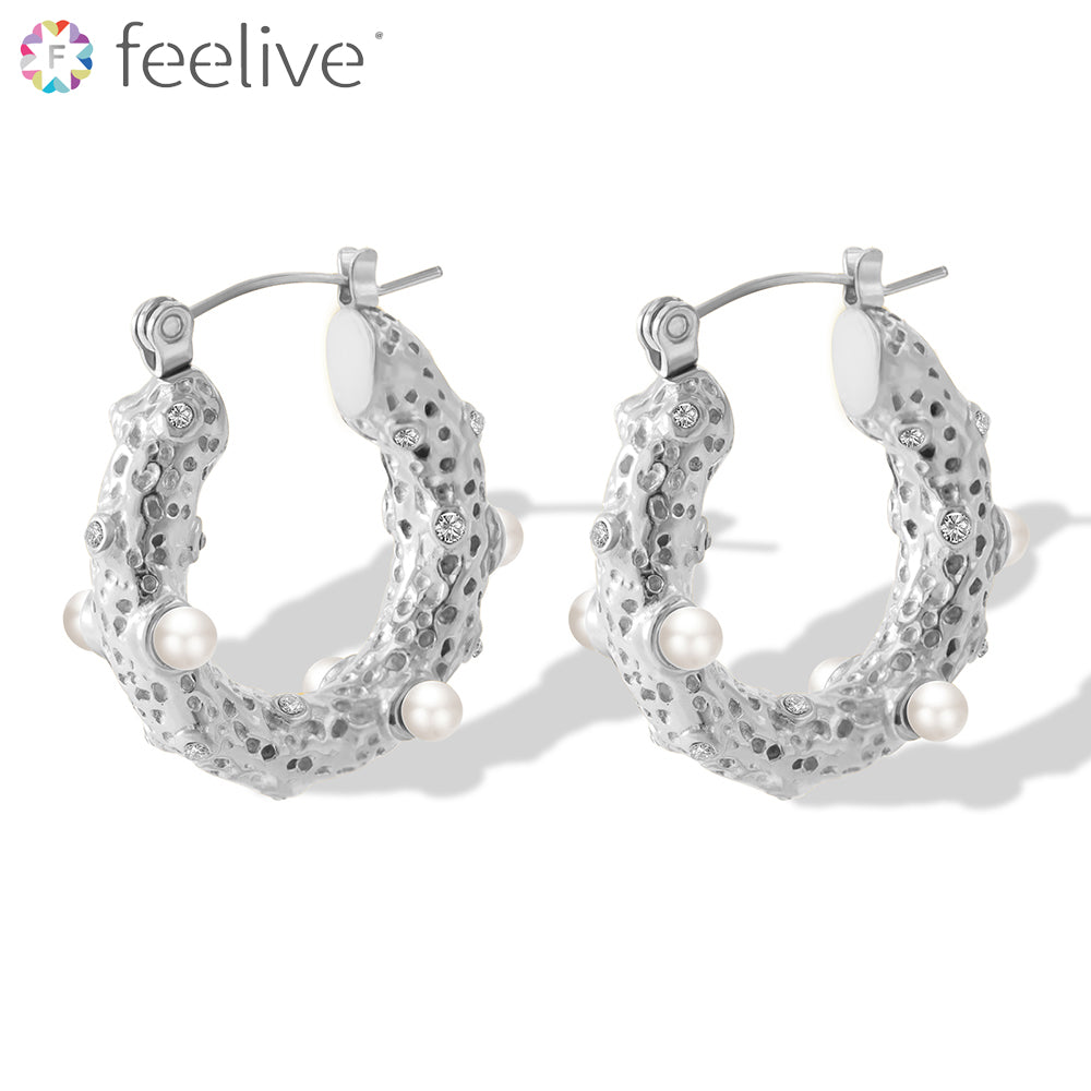 Circle Pearl and Zirconia Hoop Earrings in Titanium silver - Feelive