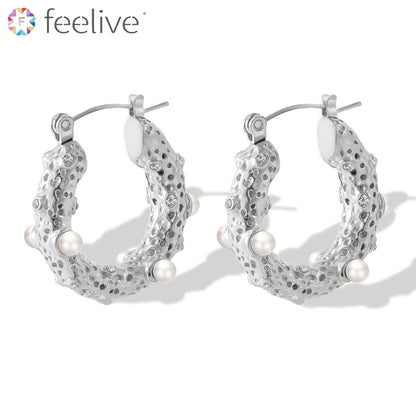 Circle Pearl and Zirconia Hoop Earrings in Titanium silver - Feelive