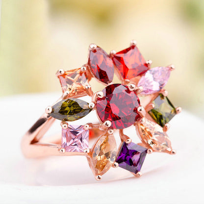 Colorful Dream Zircon Jewellery Set in Sterling Silver flower ring front