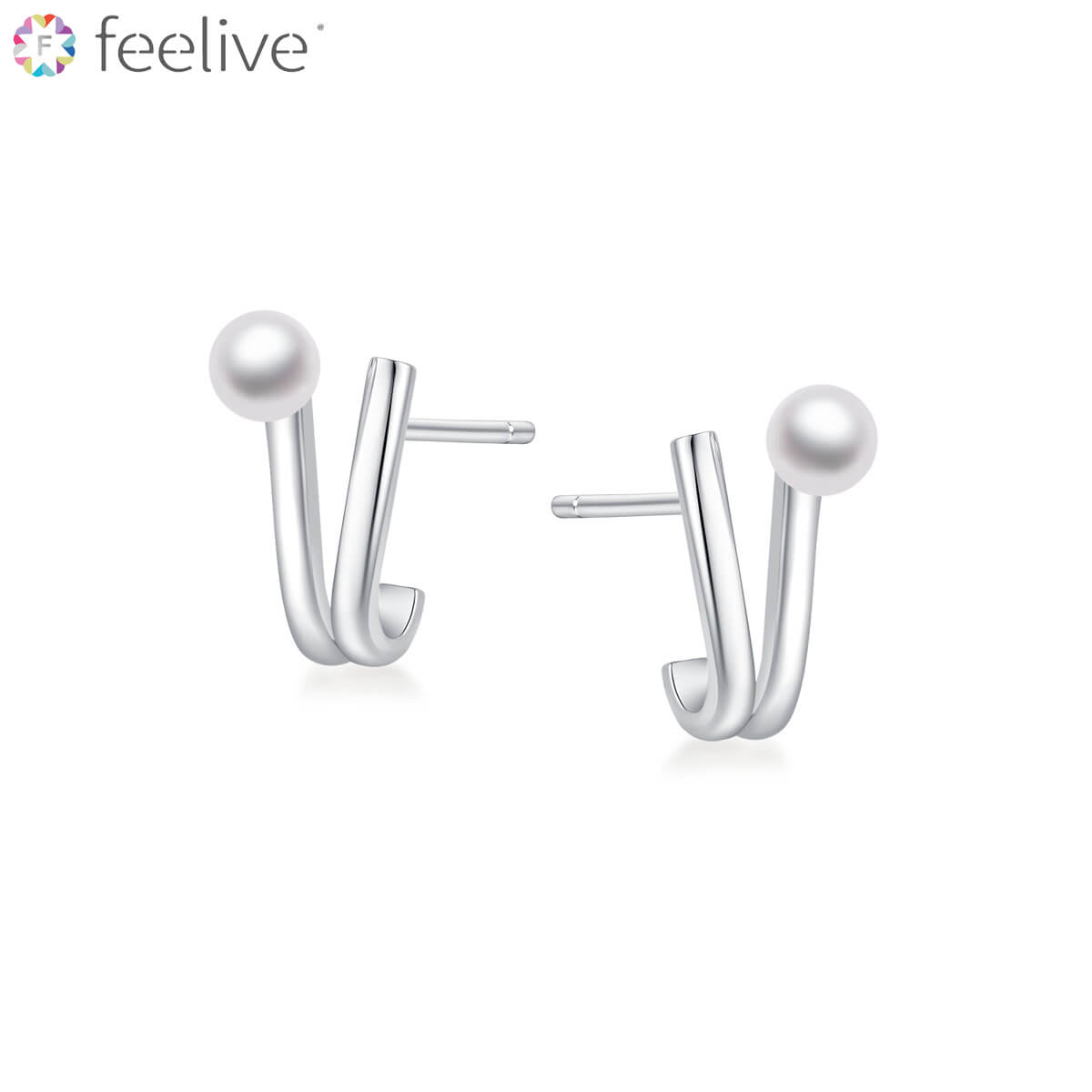 V Shaped Pearl Stud Earrings in Sterling Silver - Feelive