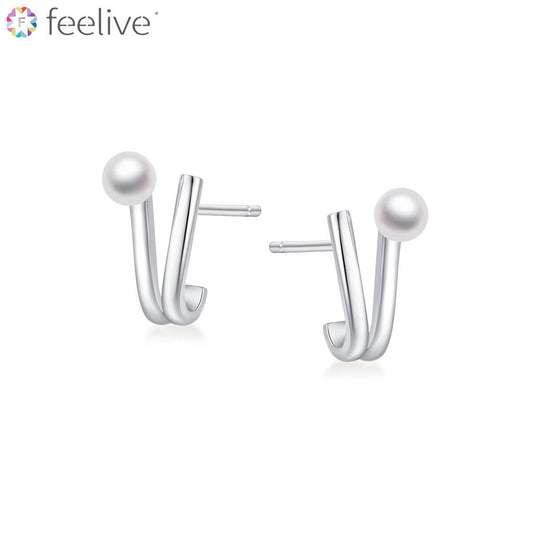 V Shaped Pearl Stud Earrings in Sterling Silver - Feelive