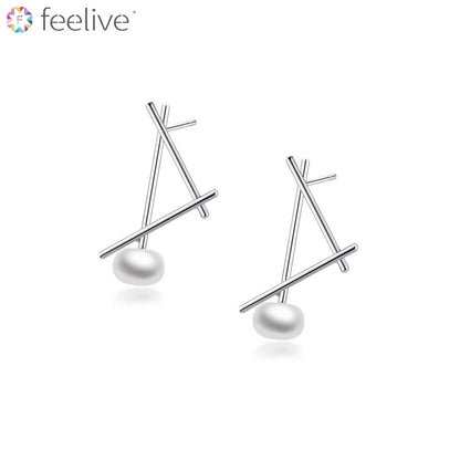 Geometry Pearl Stud Earrings in Sterling Silver - Feelive