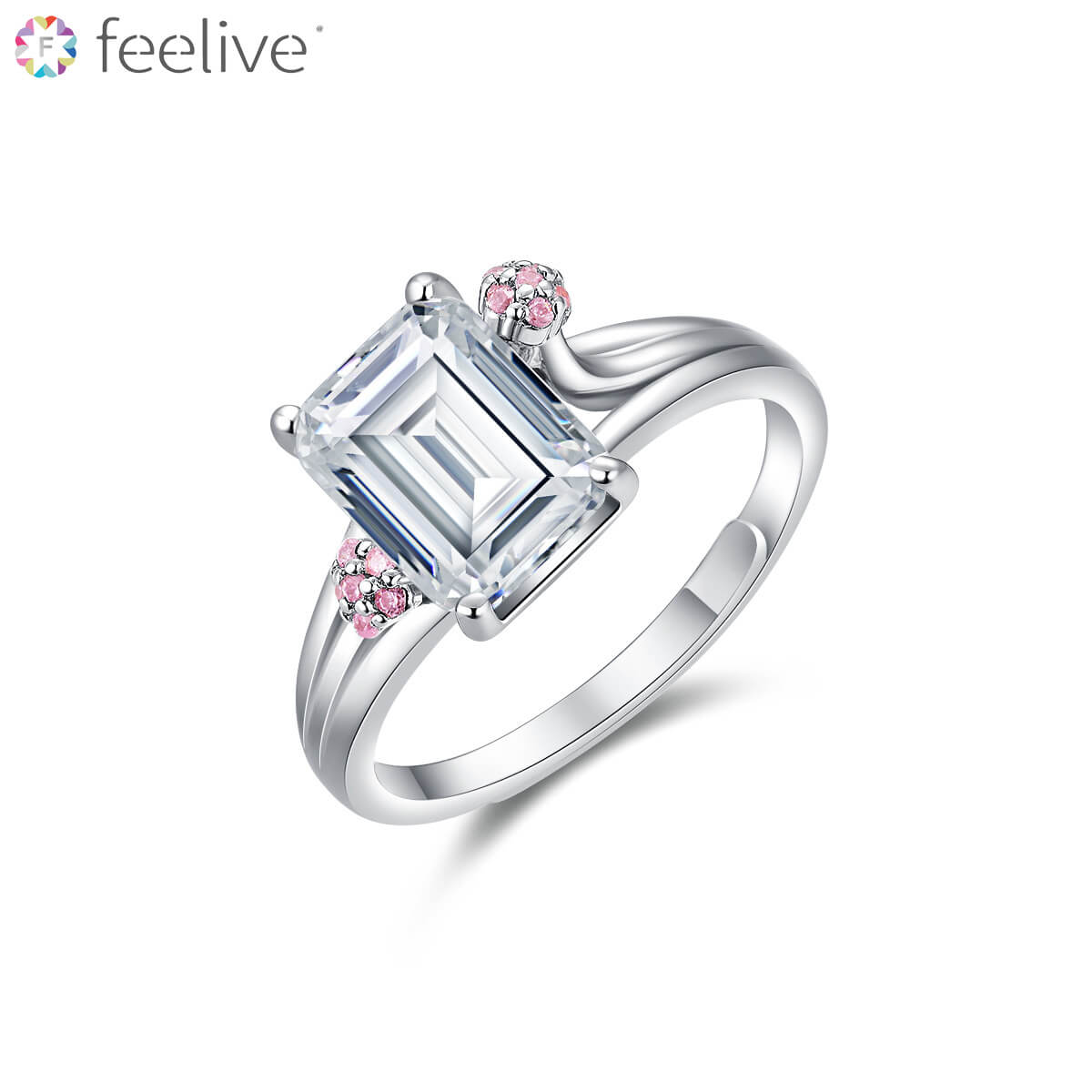 Retangle and Pink Flower Zircon Ring in Sterling Silver - Feelive