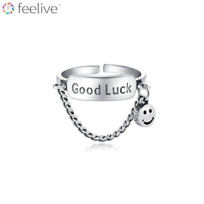 Smiley Lucky Chain Open Ring in Sterling Silver - Feelive