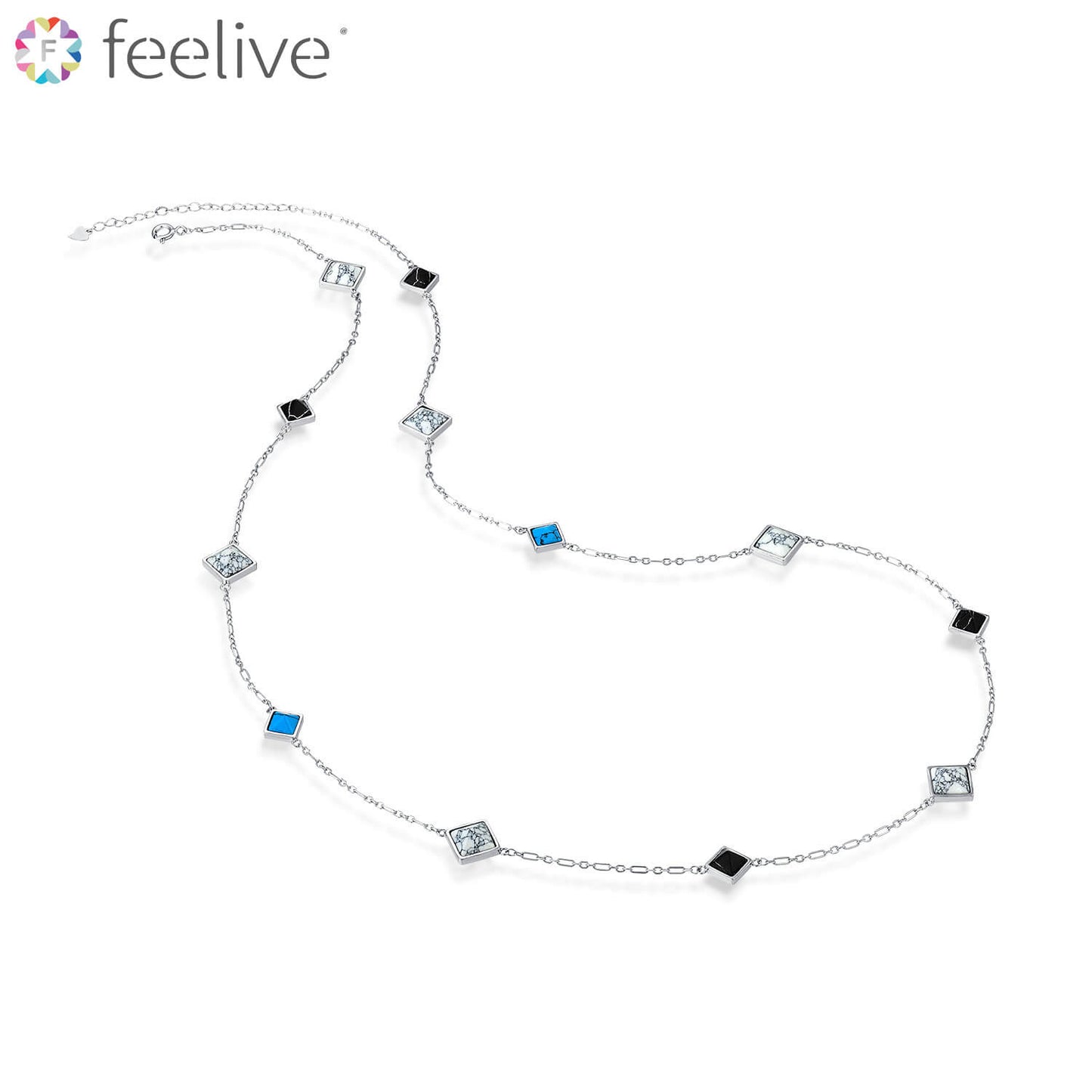 Quadrilateral Turquoise Long Necklace in Sterling Silver - Feelive