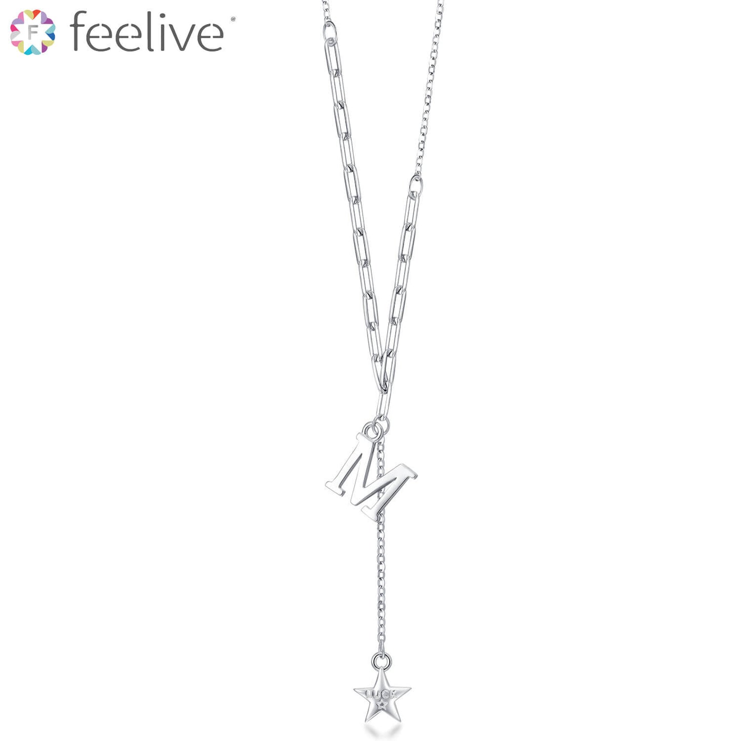 Letter M Lucky Star Y Necklace in Sterling Silver - Feelive