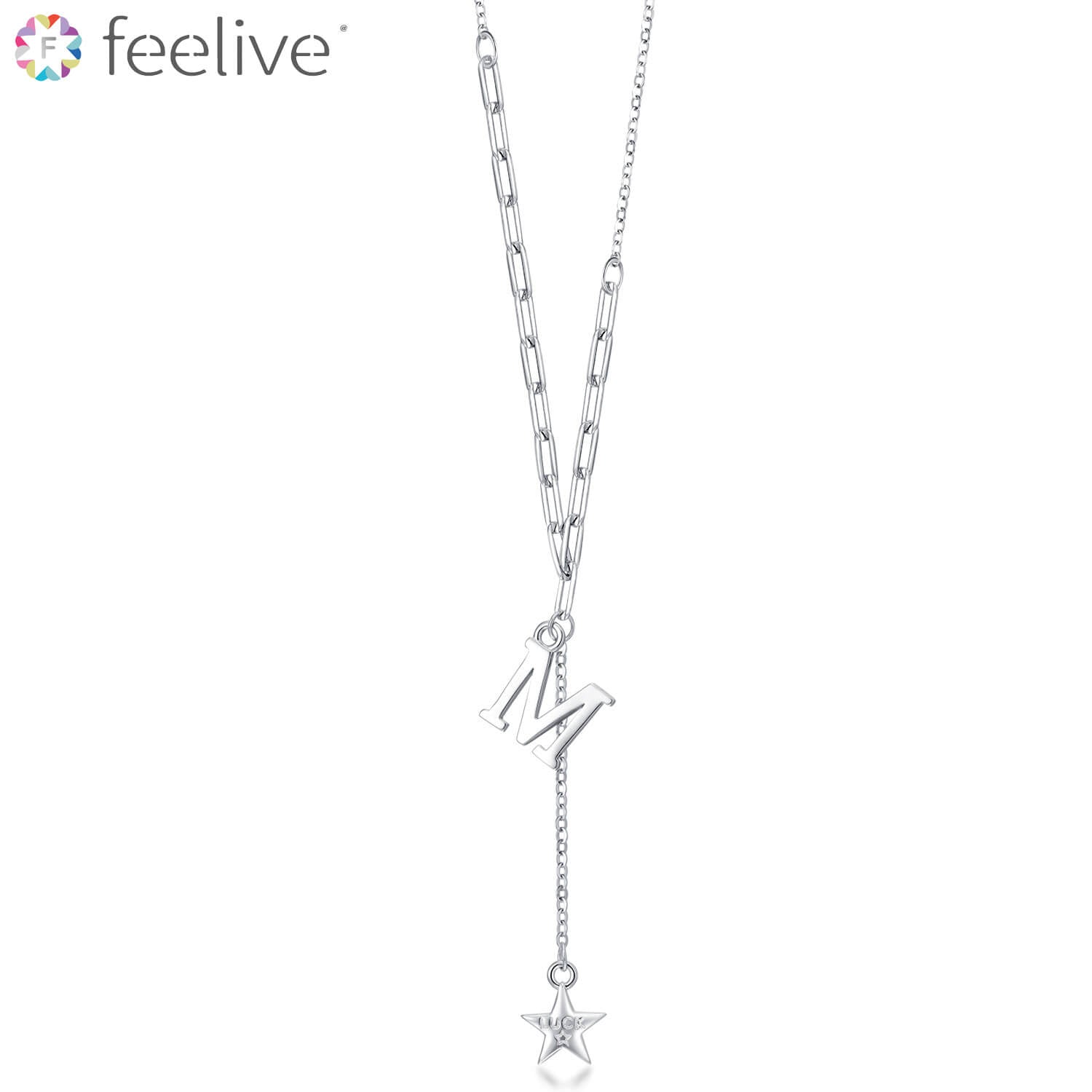 Letter M Lucky Star Y Necklace in Sterling Silver - Feelive