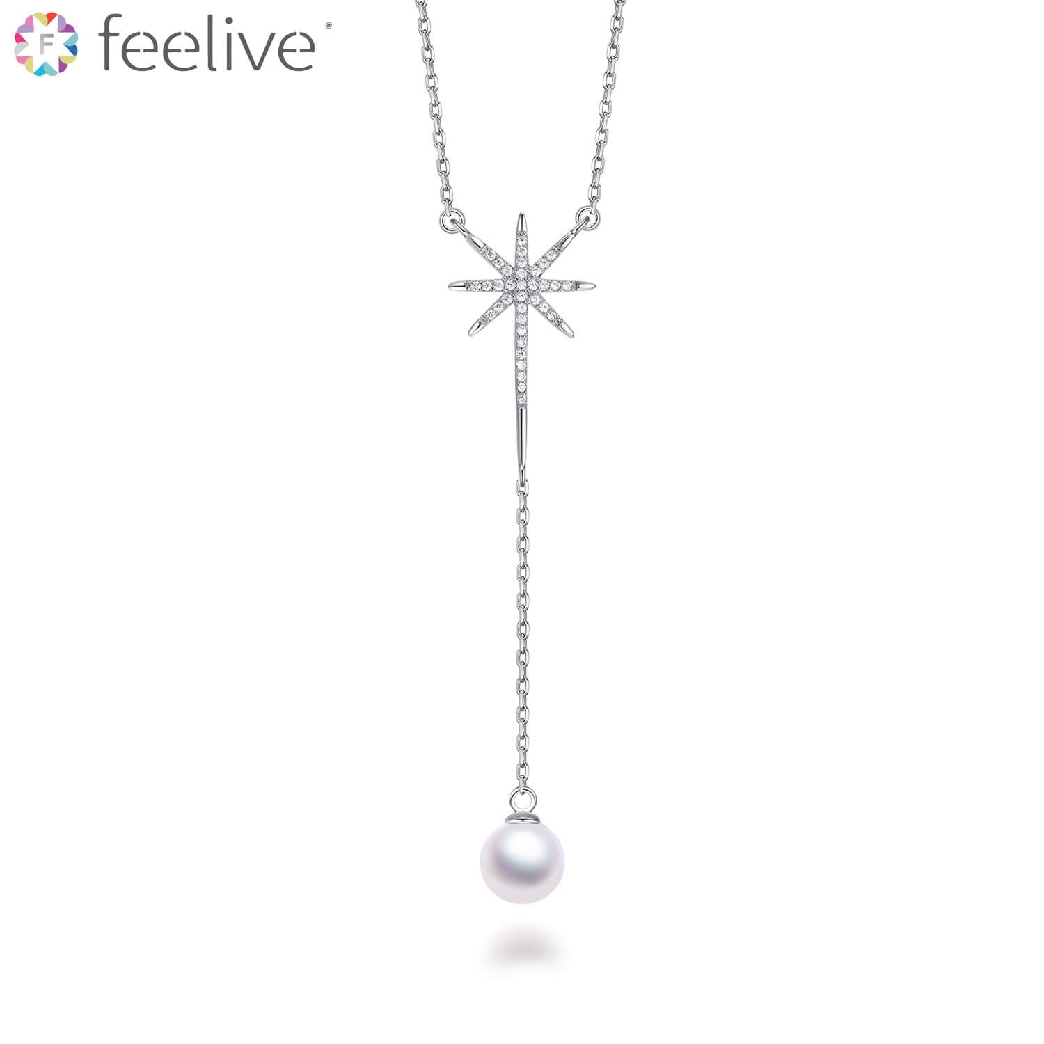 Eight Pointed Star Pearl Zircon Y Necklace in Sterling Silver - Feelive