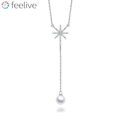 Eight Pointed Star Pearl Zircon Y Necklace in Sterling Silver - Feelive