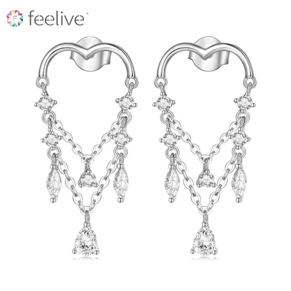 Heart Tassel Sterling Silver Earrings