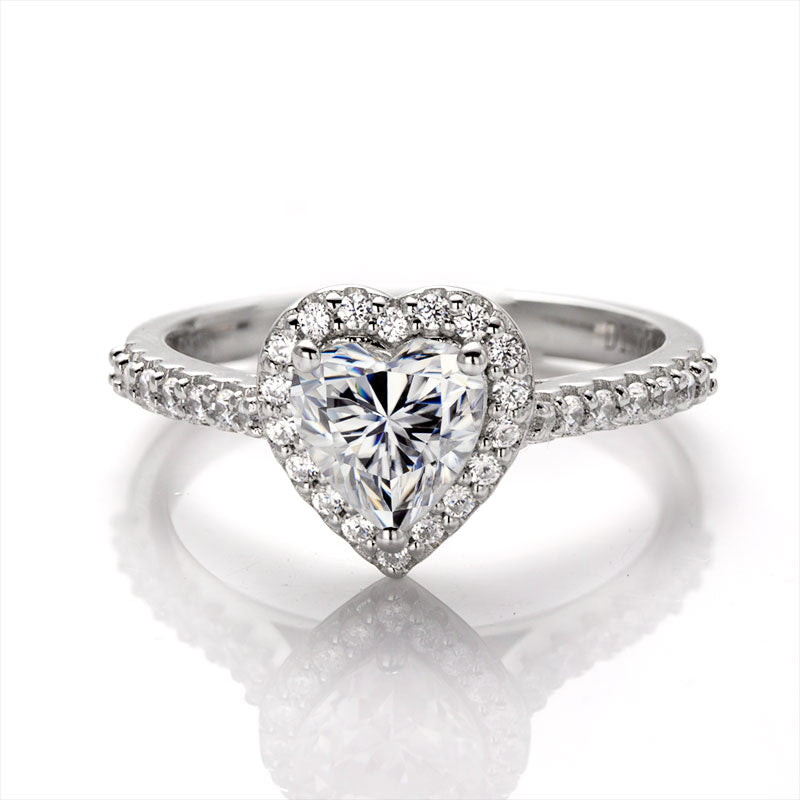 Heart Moissanite Halo Ring in Sterling Silver front