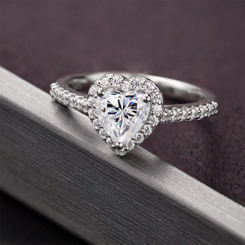 Heart Moissanite Halo Ring in Sterling Silver front