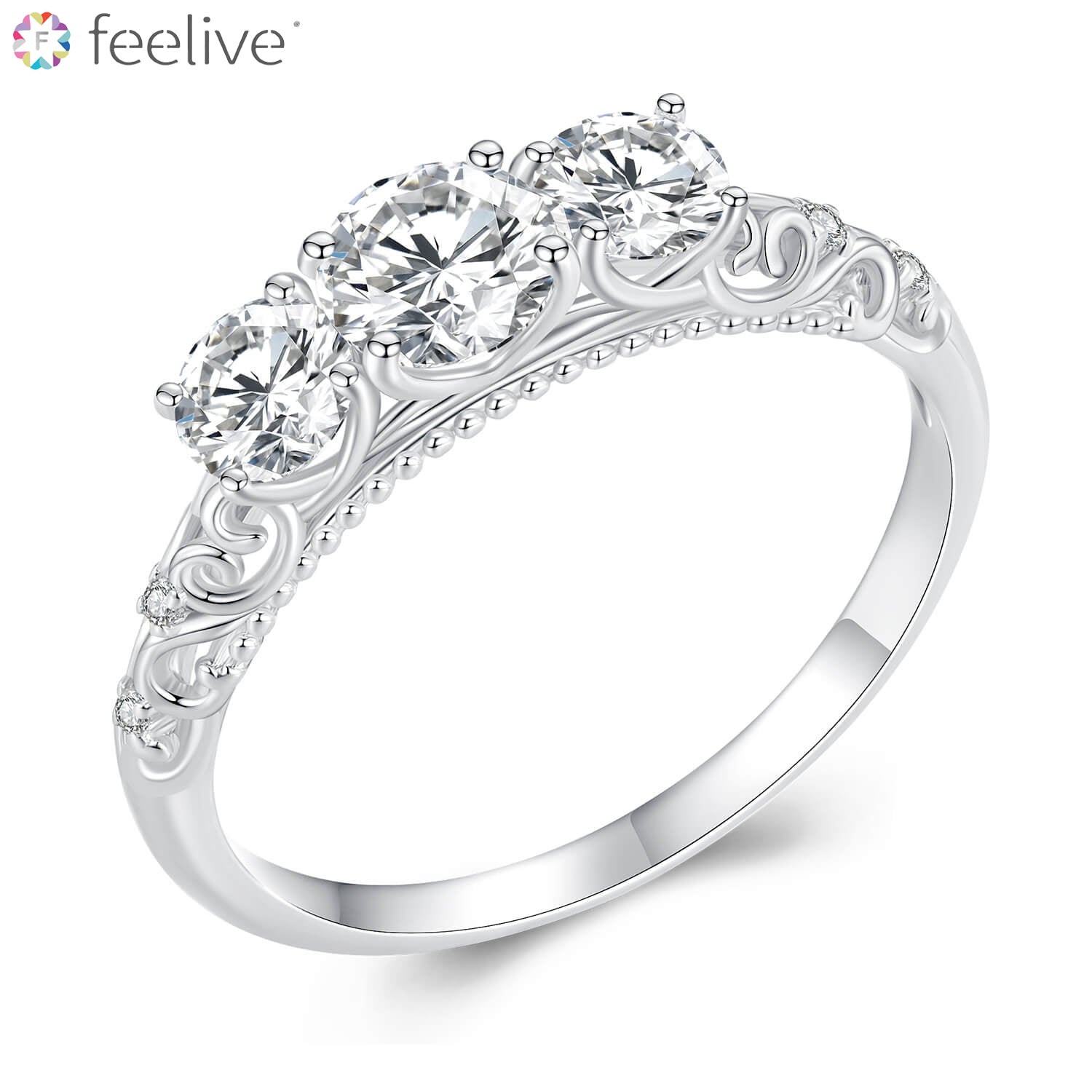 Elegant Ballet Moissanite Three-Stone Ring in Sterling Silver - Feelive