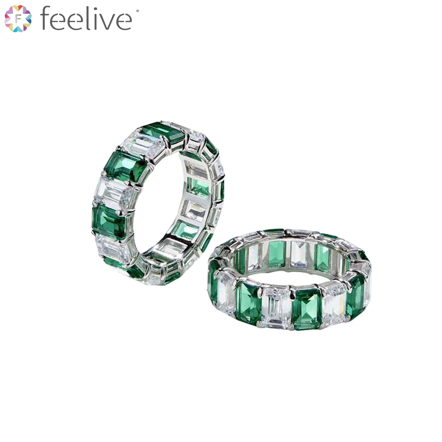 White Green Spaced Square Gem Eternity Ring in Sterling Silver - Feelive