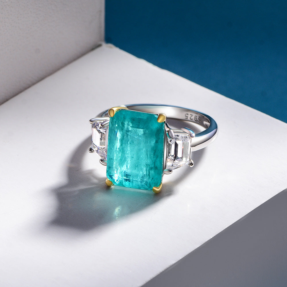 Emerald Faceted Dynthetic Paraiba Ring in Sterling Silver 