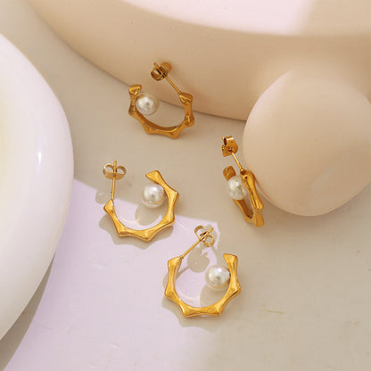 C Shaped Pearl Gold Plated Titanium Hoop Earrings