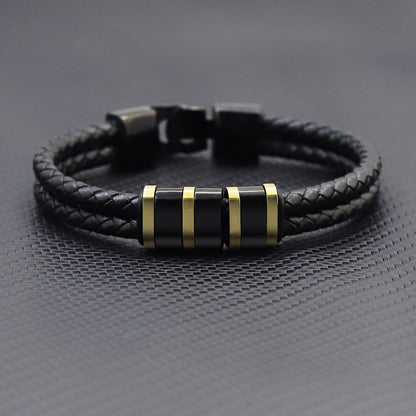 Custom Black Beads Leather Woven Men Bracelet