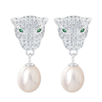 Leopard Head Pearl Zircon Jewellery Set in Sterling Silver earrings - Feelive