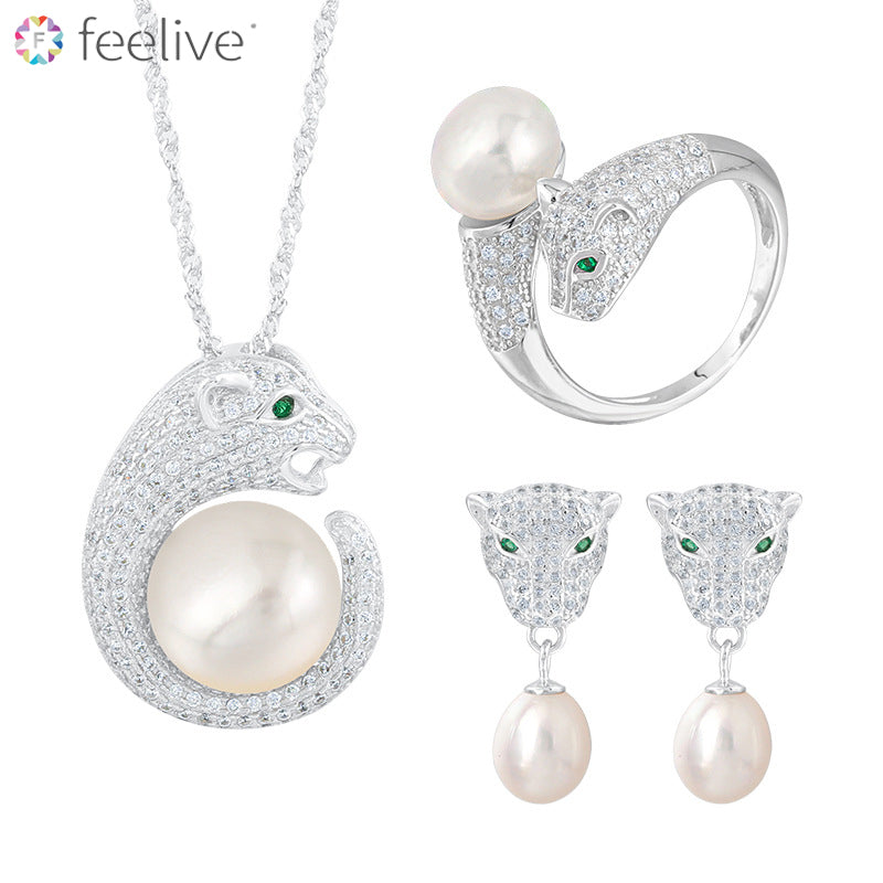 Leopard Head Pearl Zircon Jewellery Set in Sterling Silver - Feelive