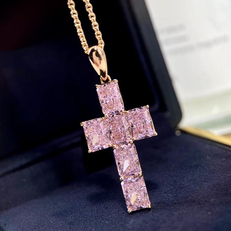 Emerald Faceted Gem Cross Necklace in Sterling Silver pink