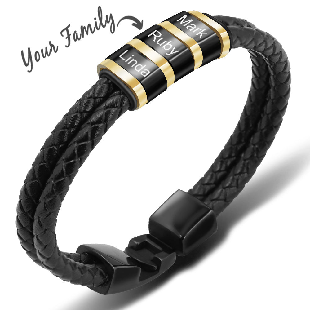 Custom Black Beads Leather Woven Men Bracelet example