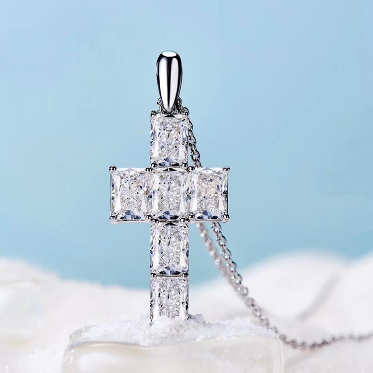 Emerald Faceted Gem Cross Necklace in Sterling Silver