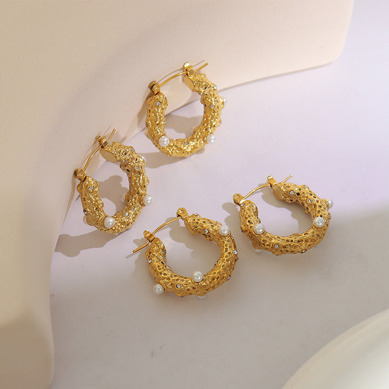 Circle Pearl and Zirconia Gold Plated Titanium Hoop Earrings