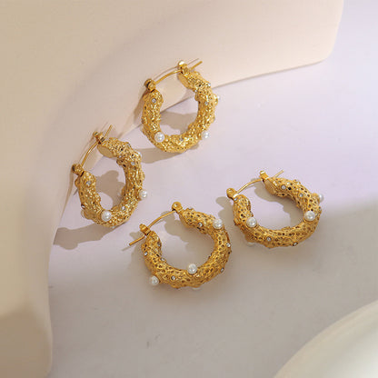 Circle Pearl and Zirconia Gold Plated Titanium Hoop Earrings