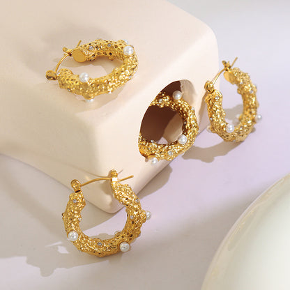 Circle Pearl and Zirconia Gold Plated Titanium Hoop Earrings