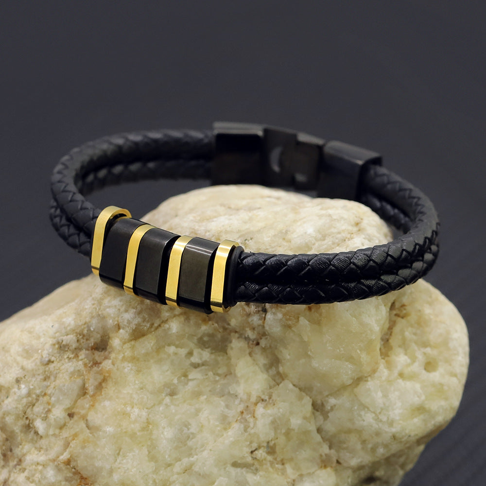 Custom Black Beads Leather Woven Men Bracelet