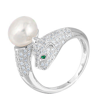 Leopard Head Pearl Zircon Jewellery Set in Sterling Silver ring - Feelive