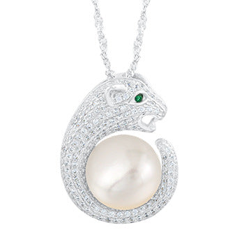 Leopard Head Pearl Zircon Jewellery Set in Sterling Silver necklace - Feelive