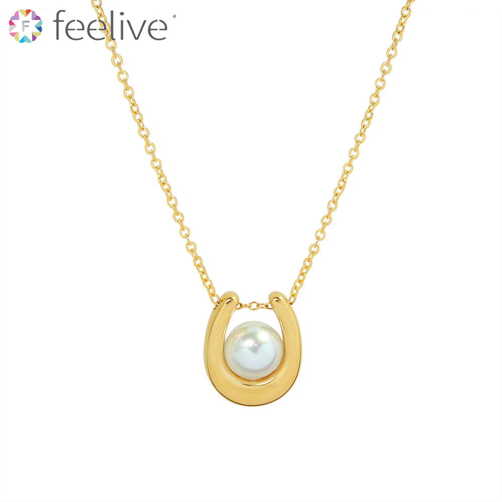 U Shaped Pearl Gold Plated Titanium Necklace