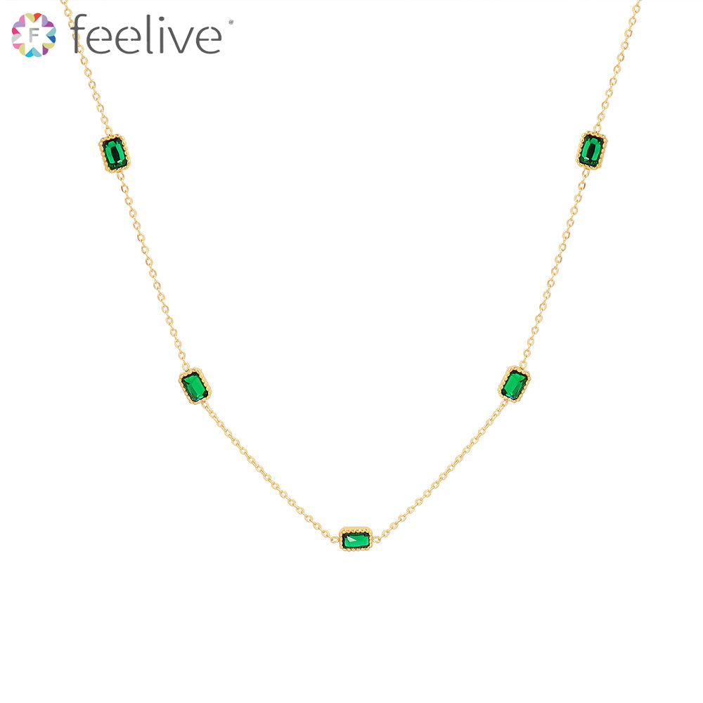 Retangle Imitation Emerald Zircon Gold Plated Titanium Necklace