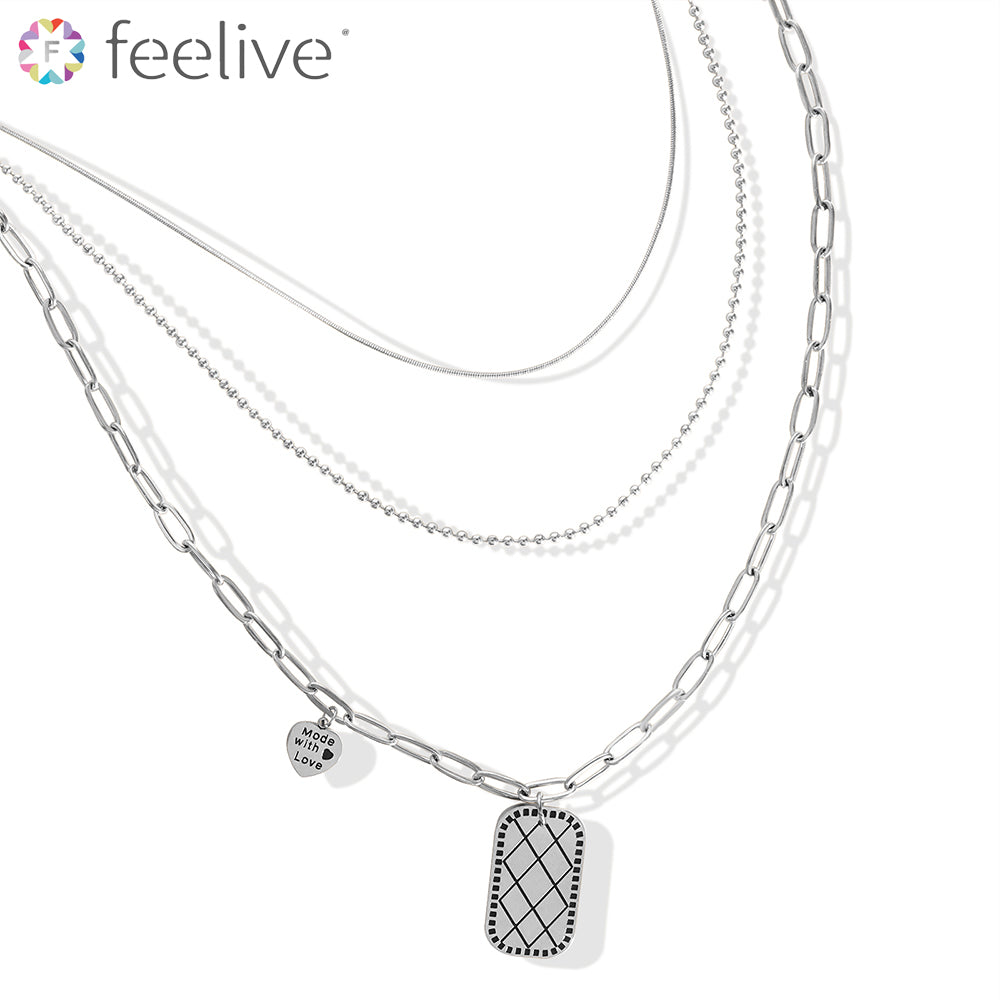 Retangle Heart Pendant Layered Necklace in Titanium silver - Feelive