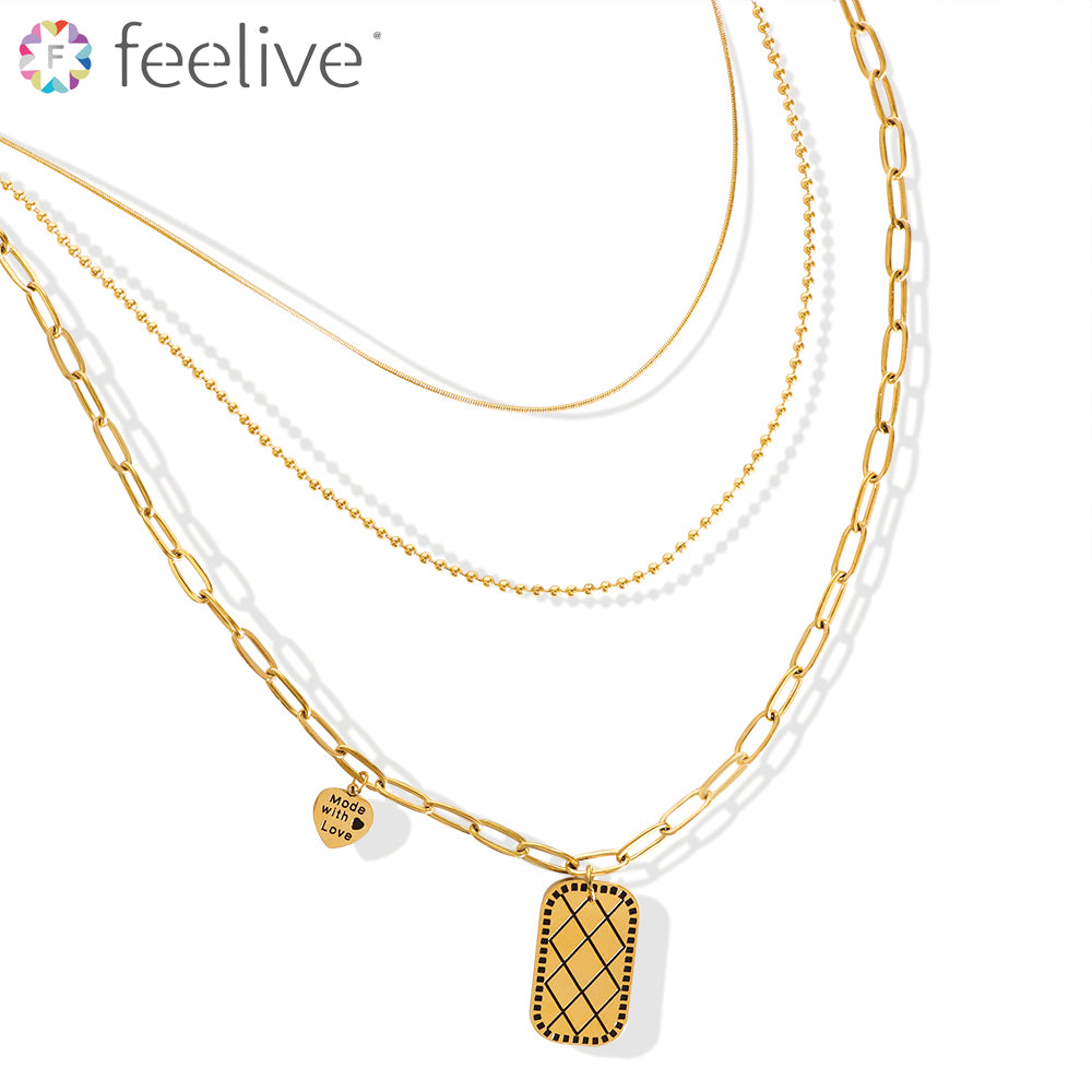 Retangle Heart Pendant Layered Necklace in Titanium gold - Feelive