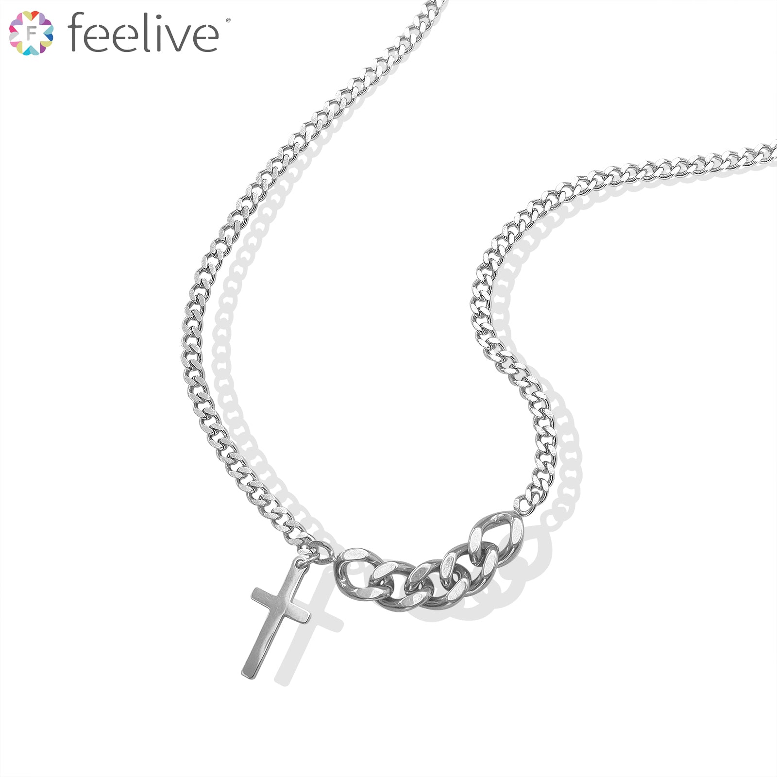 Cross and Cuban Chain Necklace in Titanium - Feelive