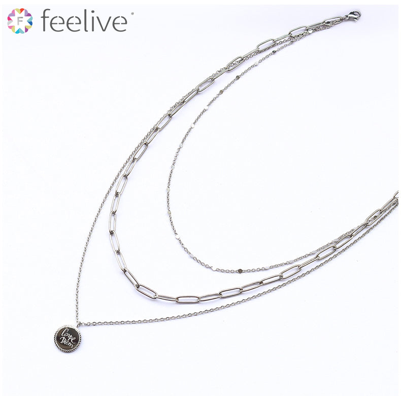 Custom Round Pendant Layered Necklace in Titanium silver - Feelive