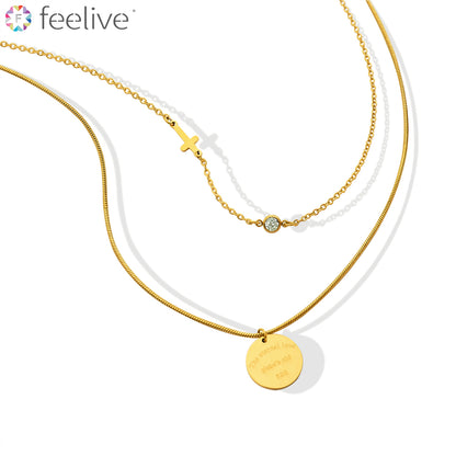 Cross Round Zircon Layered Necklace in Titanium gold - Feelive