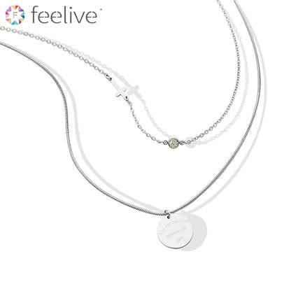 Cross Round Zircon Layered Necklace in Titanium silver - Feelive