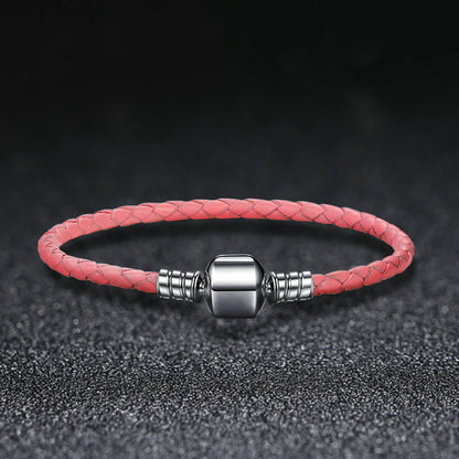 Simple Leather Braided Layered Bracelet in Sterling Silver pink single