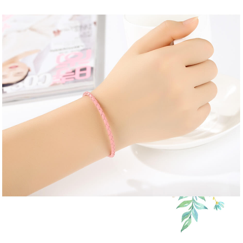 Simple Leather Braided Layered Bracelet in Sterling Silver pink model