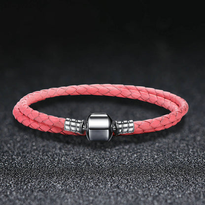 Simple Leather Braided Layered Bracelet in Sterling Silver pink double