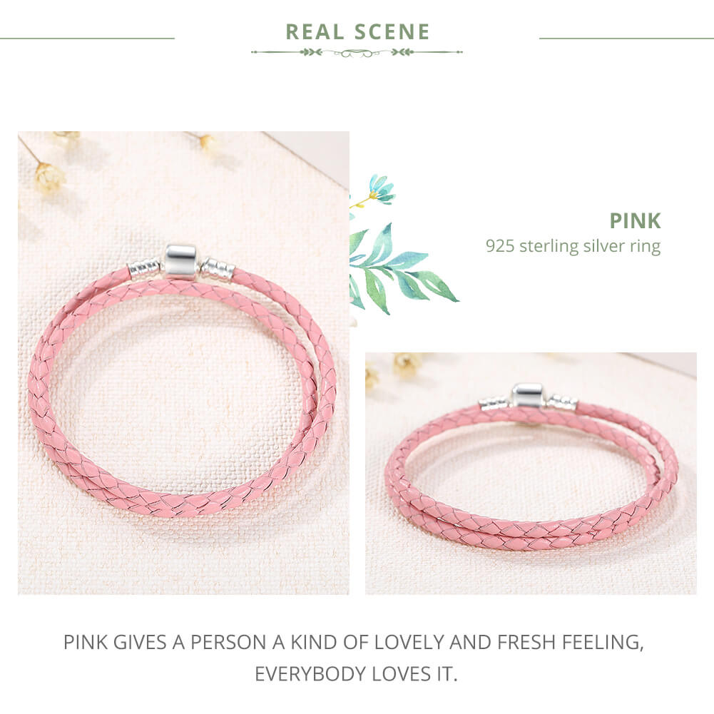 Simple Leather Braided Layered Bracelet in Sterling Silver pink double