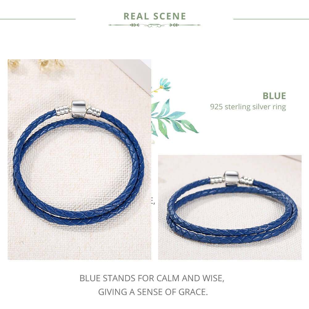 Simple Leather Braided Layered Bracelet in Sterling Silver blue double